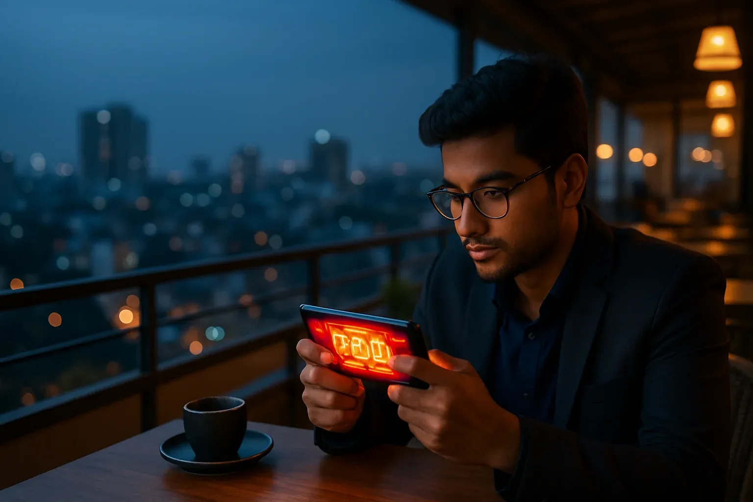 Young professional gaming on smartphone at Dhaka rooftop cafe at blue hour