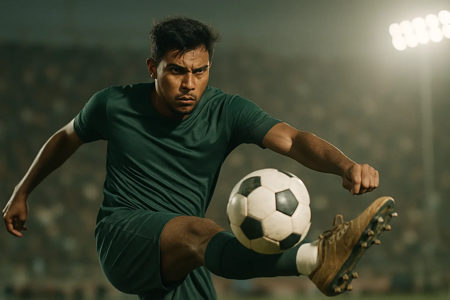 Bangladeshi male footballer executing powerful volley kick under stadium floodlights