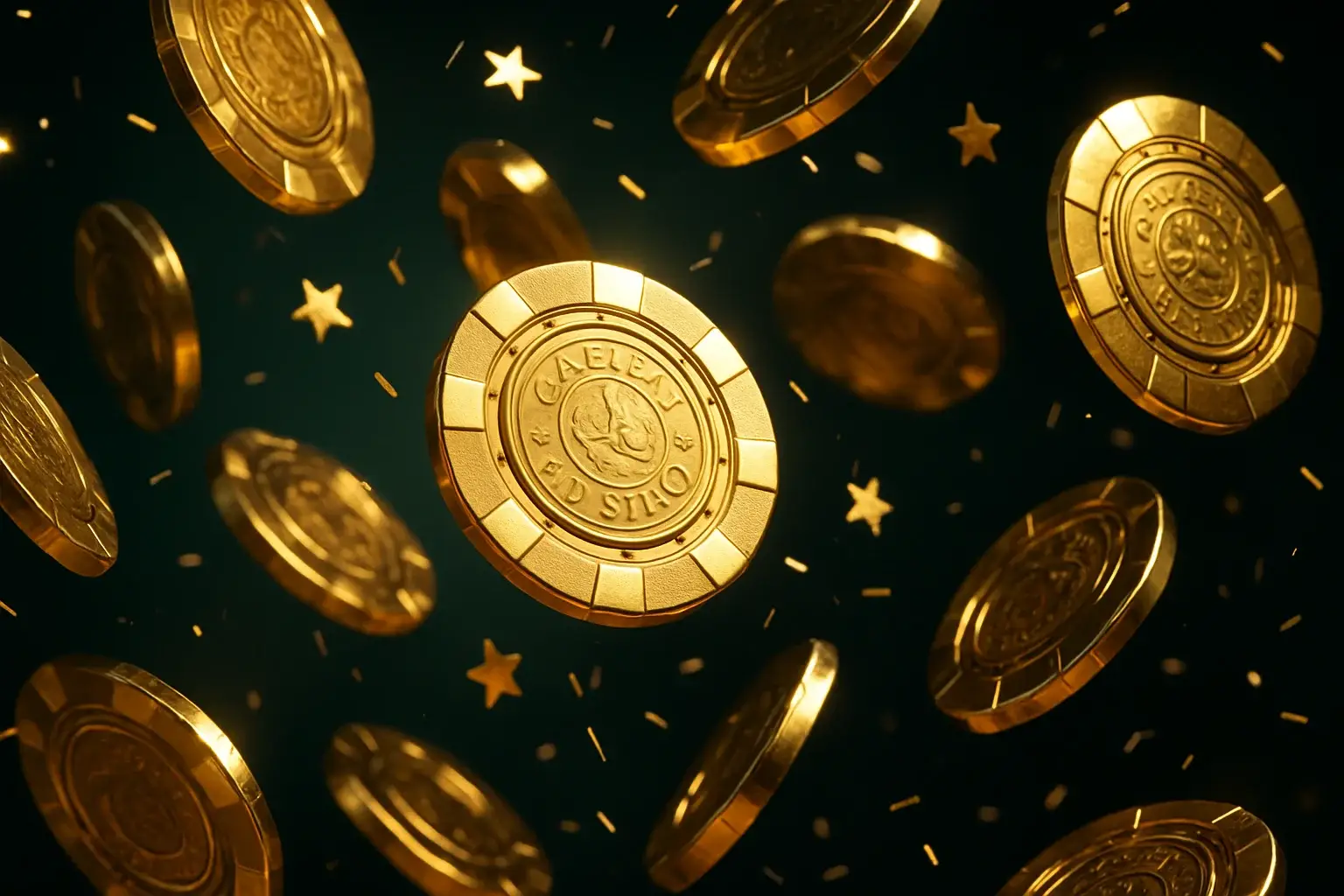 Hyperrealistic macro shot of golden casino chips raining with bonus stars confetti