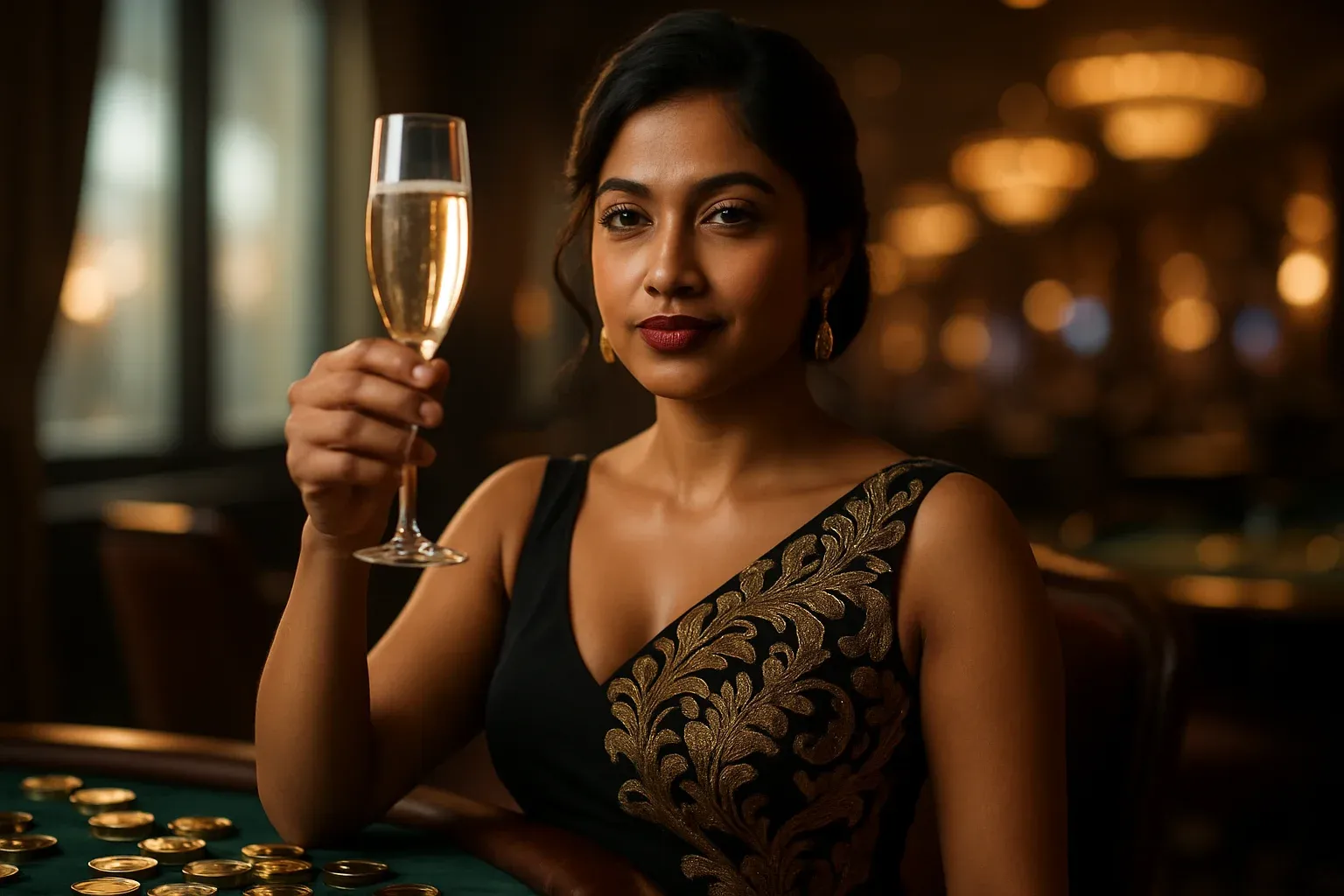 Sophisticated Bangladeshi woman toasting with champagne in luxurious VIP casino suite