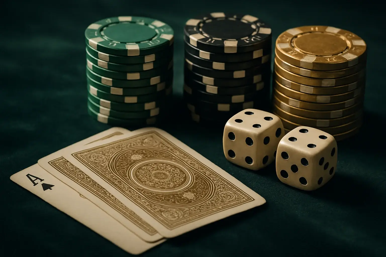 Hyperrealistic casino chips, cards, and dice on dark velvet surface
