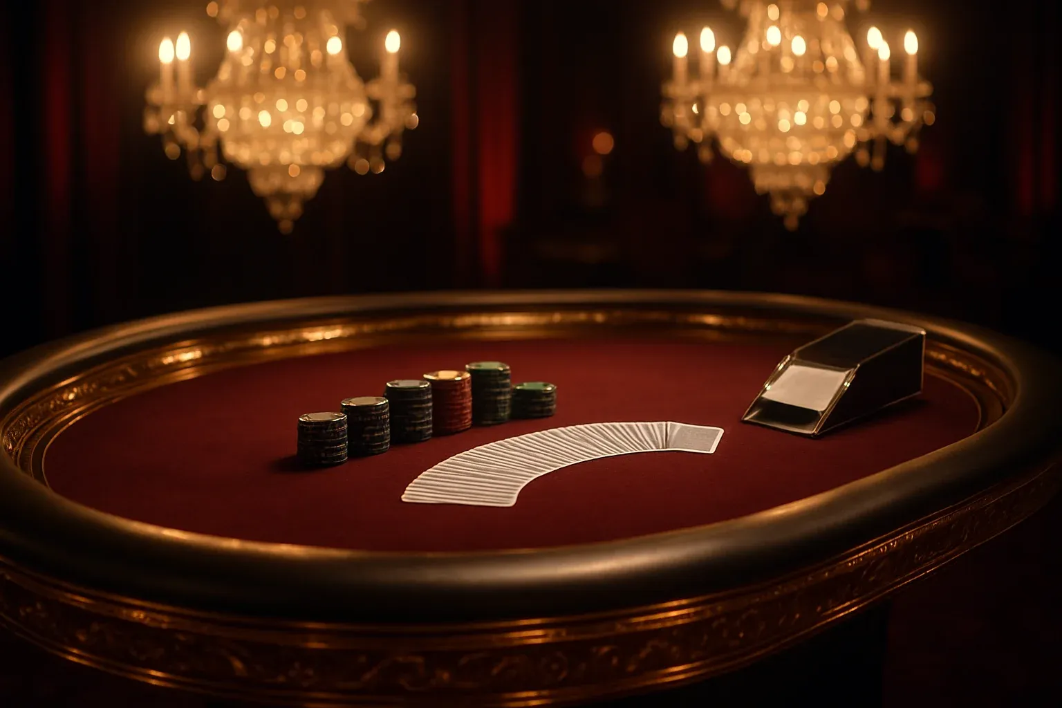 Wide shot of luxury live baccarat studio with gold table and chandeliers