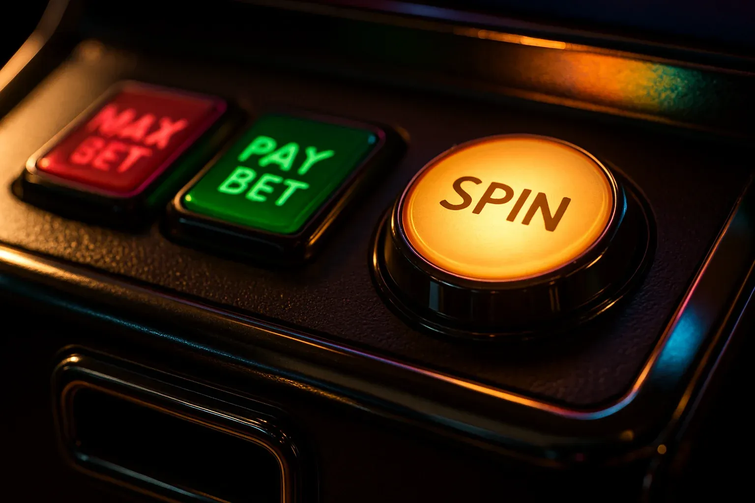 Macro photo of illuminated slot machine control panel buttons and chrome coin slot